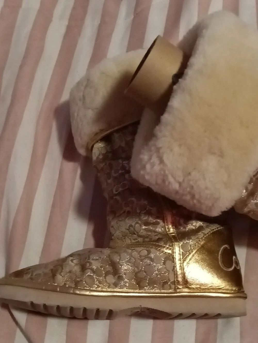 Coach Metallic Gold Logo Shearling Cuff Ankle Boots